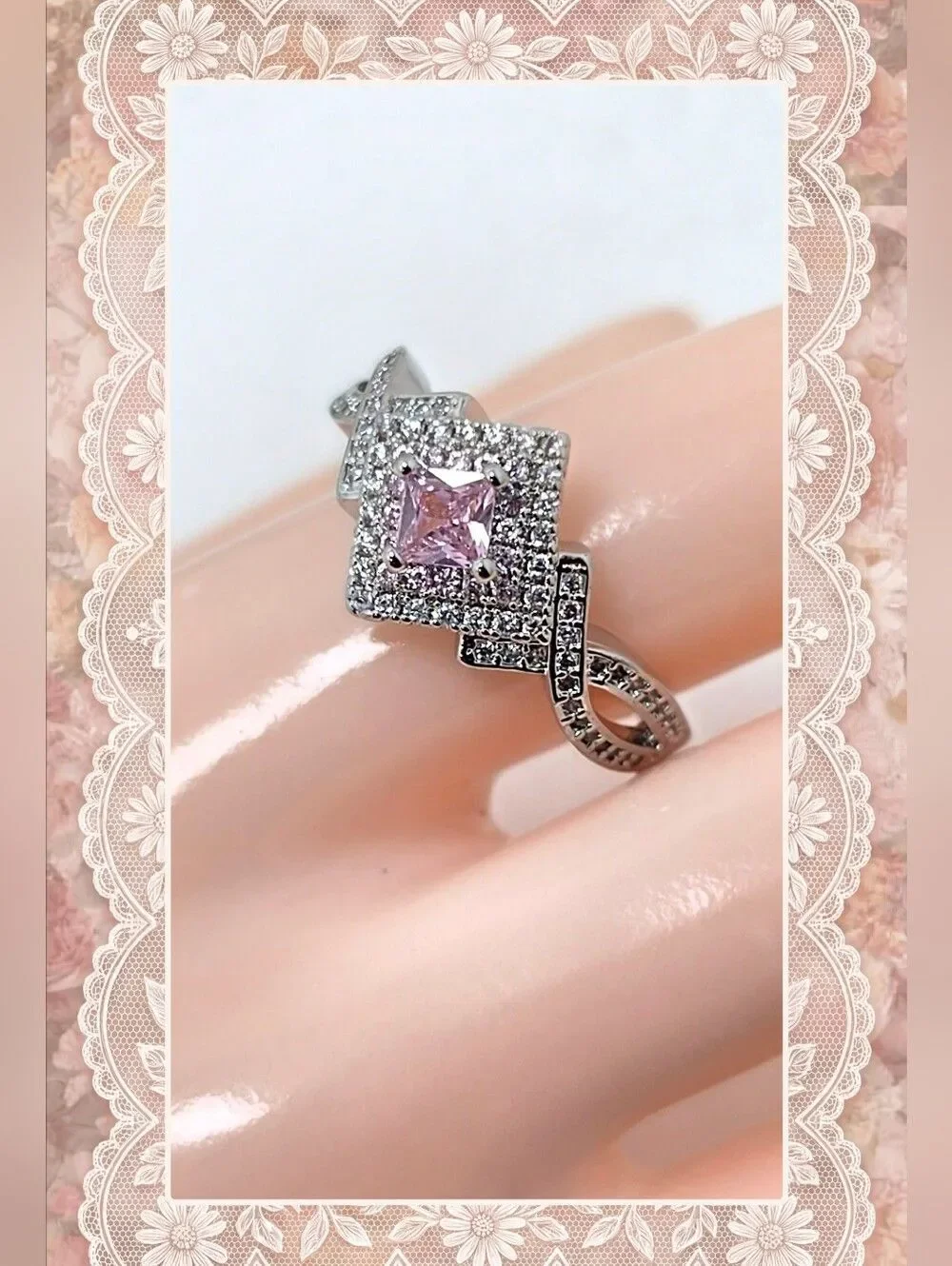Princess Cut 2 Ct. Pink & White Natural Topaz Ring on 925 Silver